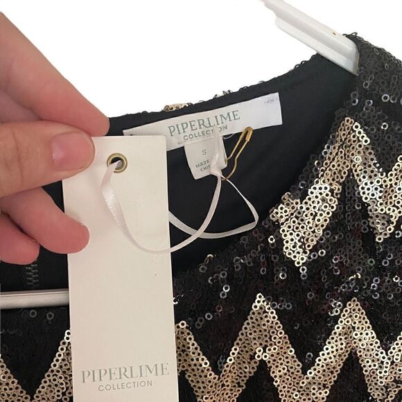 Piperlime Collection NEW sequin long sleeve mini formal dress zip zag gold black - Picture 3 of 6